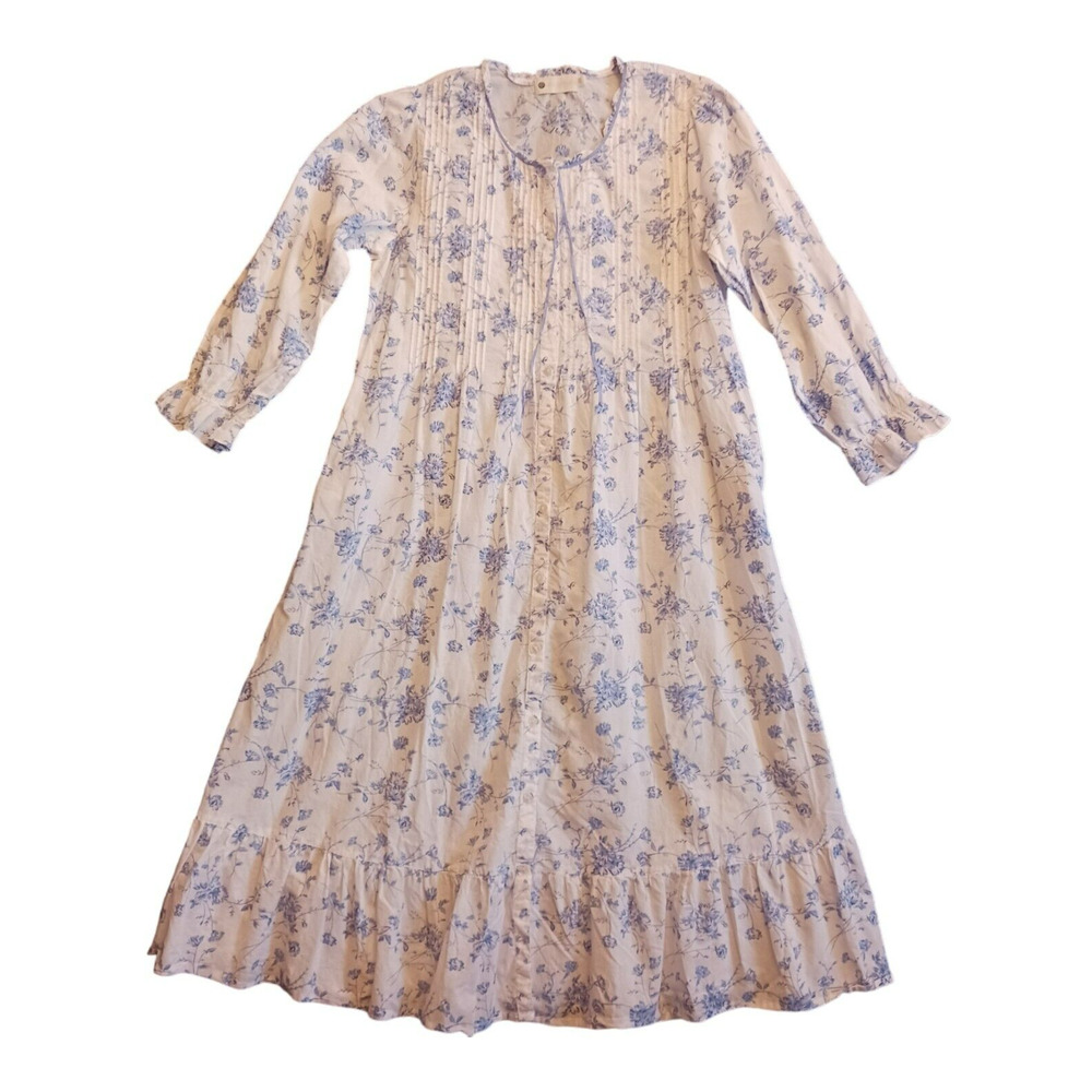 Ella Simone Nightgown Blue Floral Toile Cottagecore Smocked Button Front Pockets
